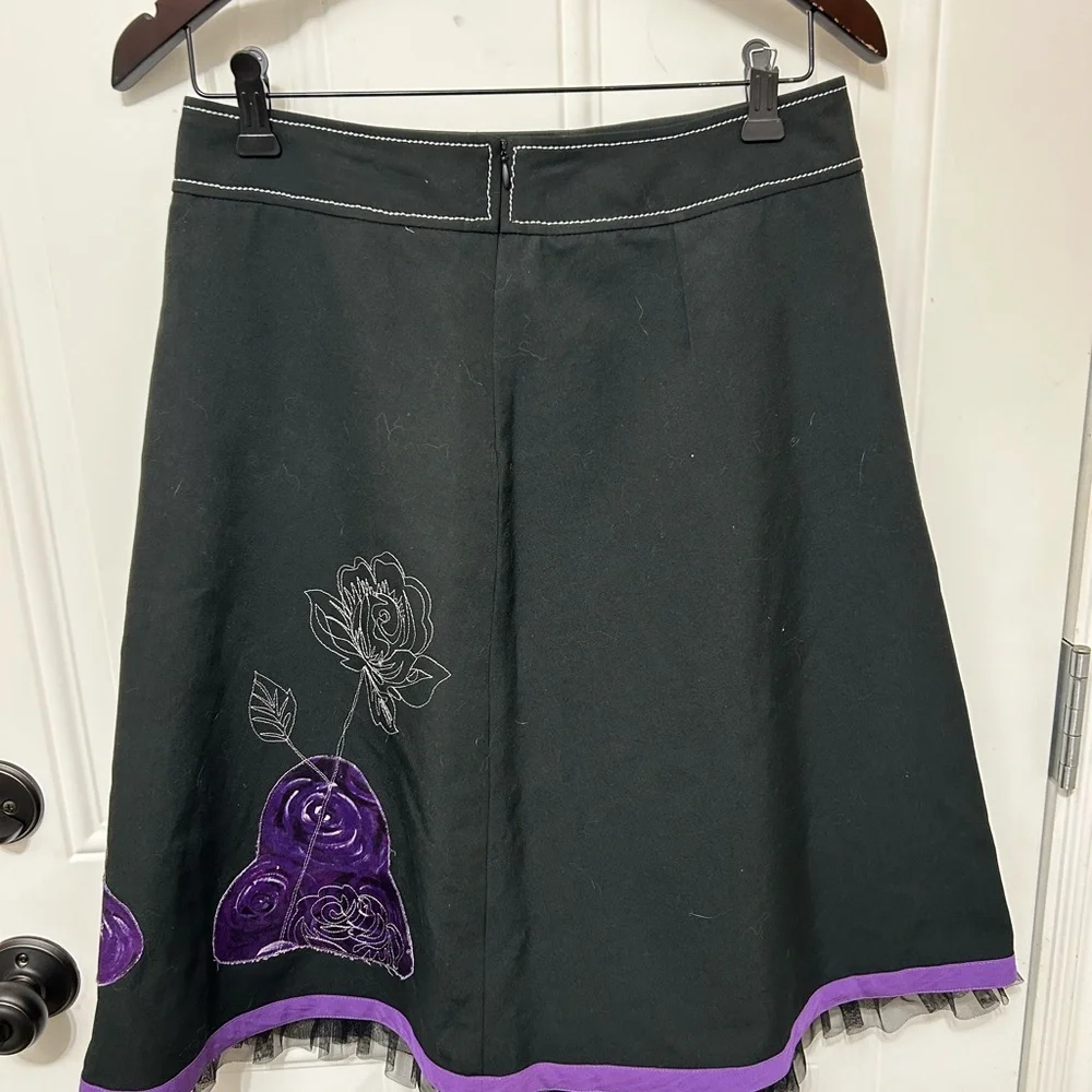 Black A-Line Skirt with Purple Rose Embroidery - Picture 5 of 8